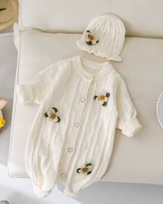 Crochet Flower Knit Baby Romper with Matching Hat – Cream (3–6M)