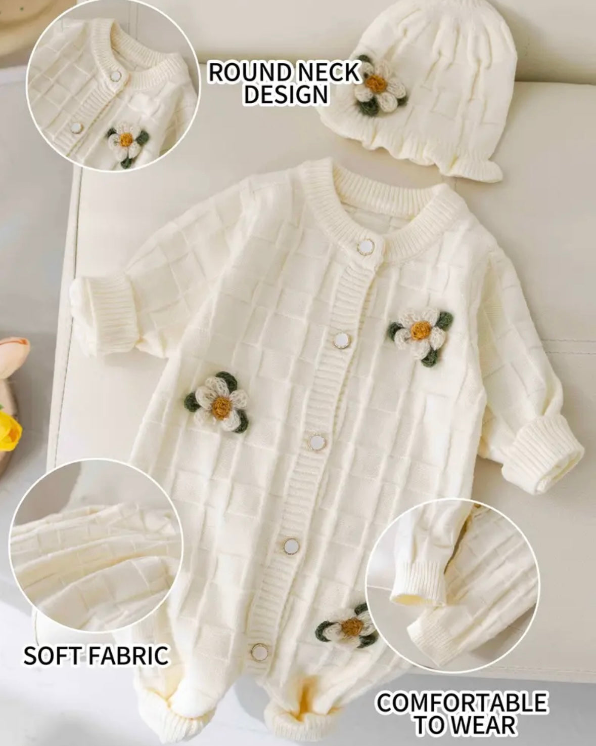 Crochet Flower Knit Baby Romper with Matching Hat – Cream (3–6M)