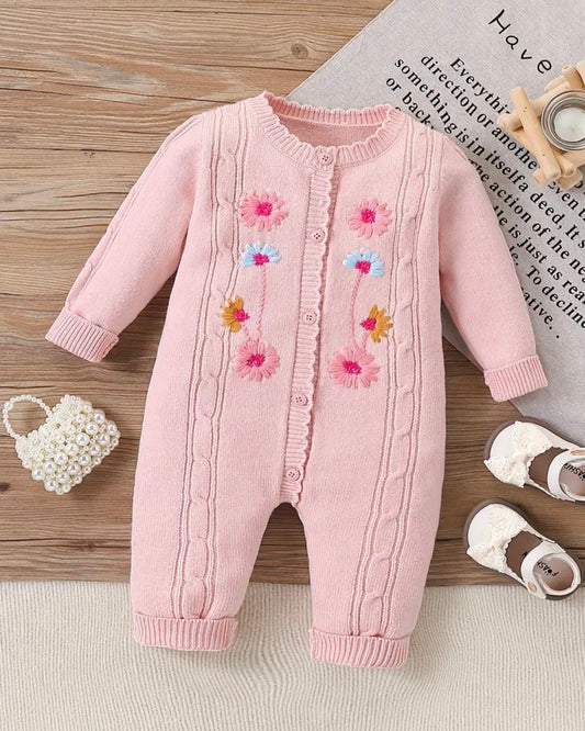 Luxurious and Softest Pink Knit Baby Romper | Hand-Embroidered Floral Jumpsuit | Adorable Photo Outfit | Perfect Gift
