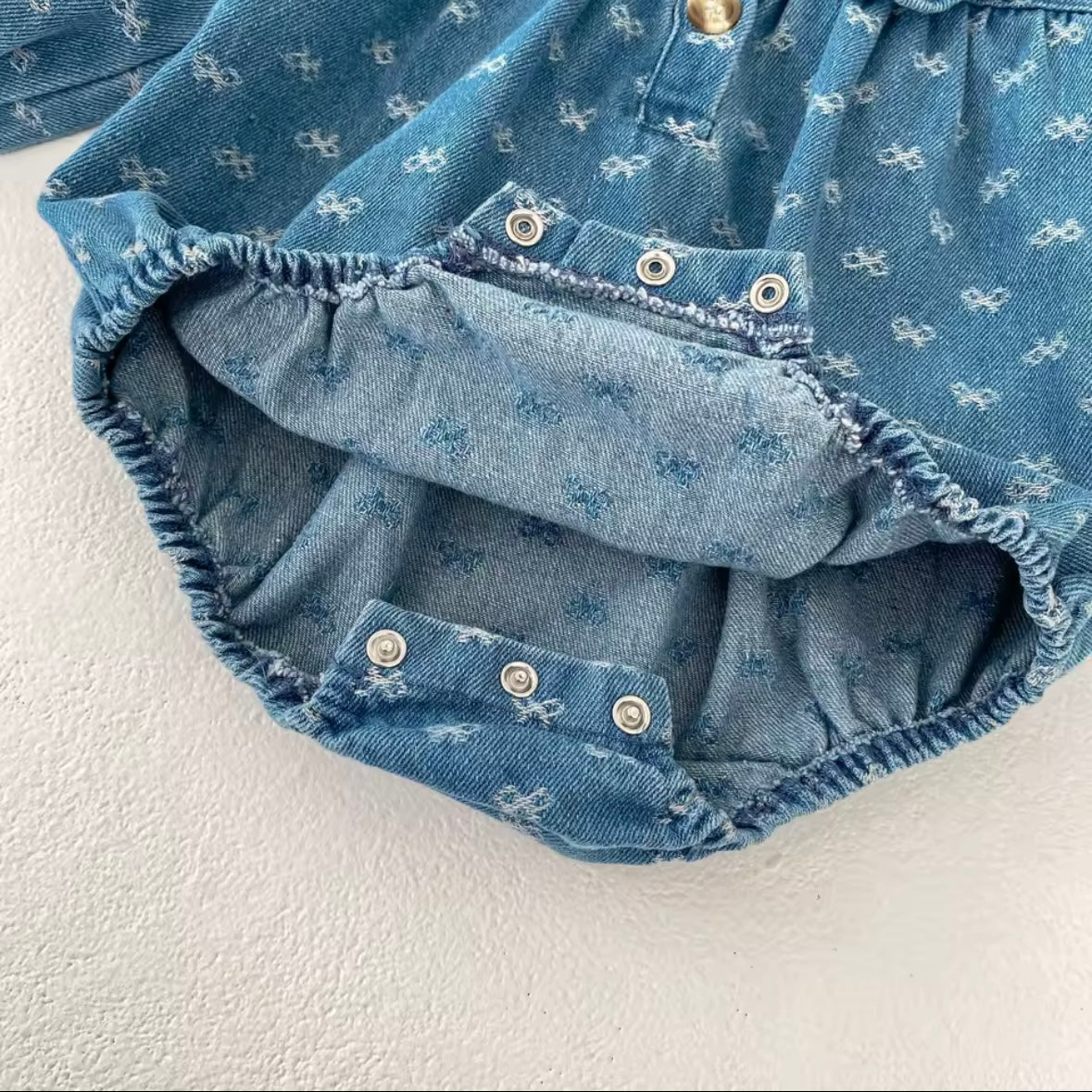 Vintage Denim Baby Romper – Size 6-9 Months | Ruffled Collar Long Sleeve Jumpsuit