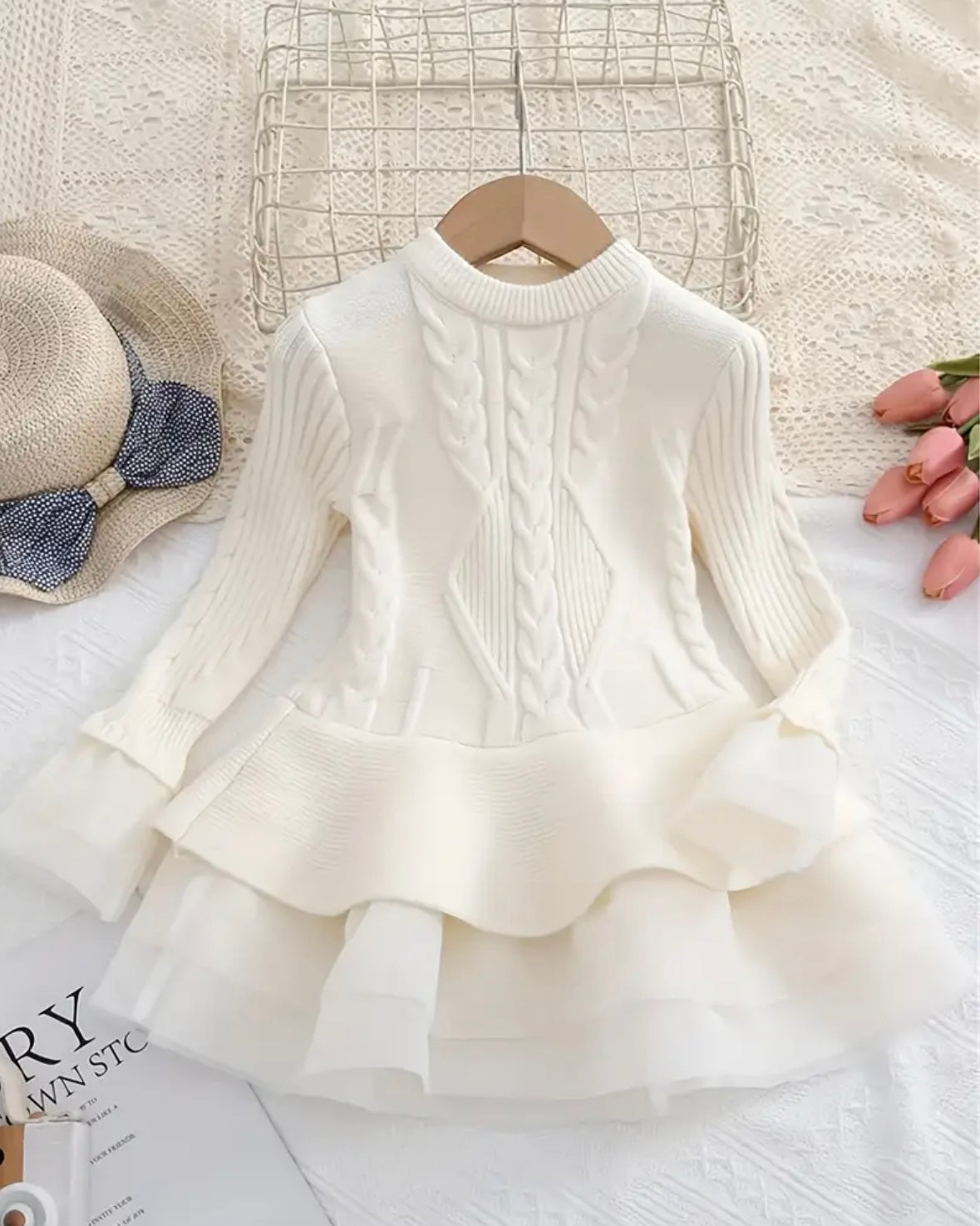 Ivory Knit Tulle Dress – Size 2T | Cable Knit Sweater Dress with Layered Skirt