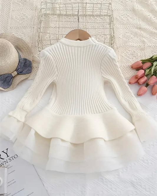 Ivory Knit Tulle Dress – Size 2T | Cable Knit Sweater Dress with Layered Skirt