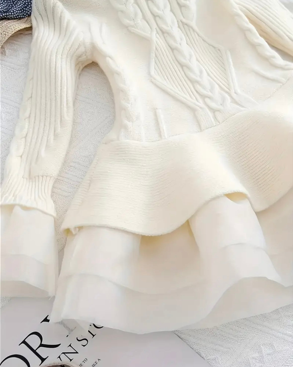Ivory Knit Tulle Dress – Size 2T | Cable Knit Sweater Dress with Layered Skirt