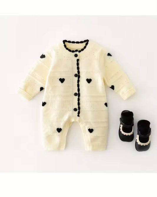 Cream Knit Heart Romper – Size 3–6 Months | Black Button Baby Jumpsuit