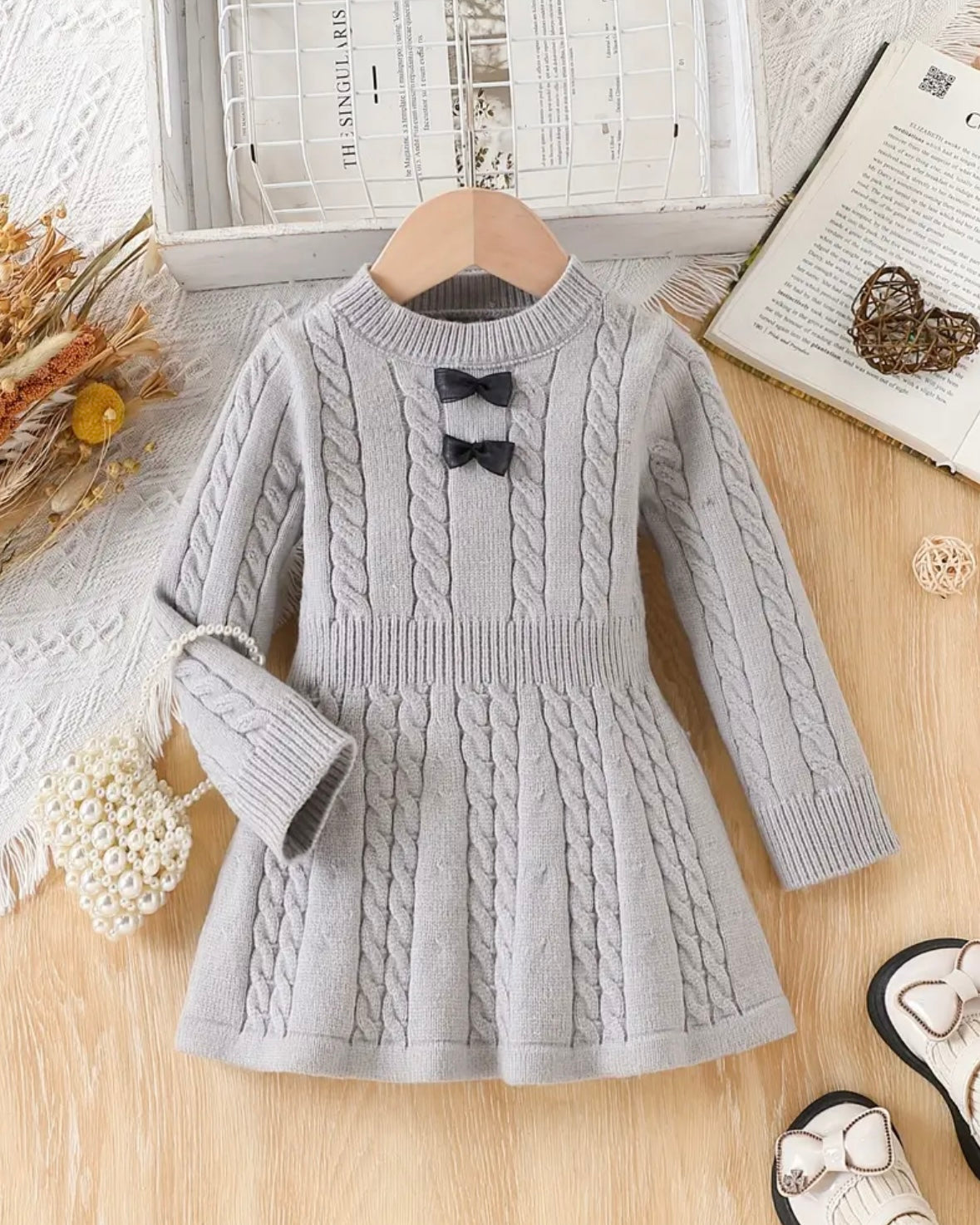 Gray Knit Sweater Dress with Bows – Size 9–12 Months | Soft Cable Knit Baby Dress