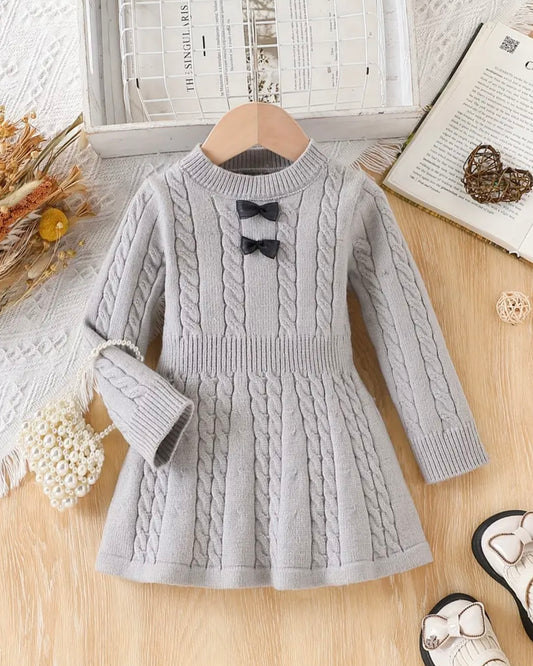 Gray Knit Sweater Dress with Bows – Size 9–12 Months | Soft Cable Knit Baby Dress