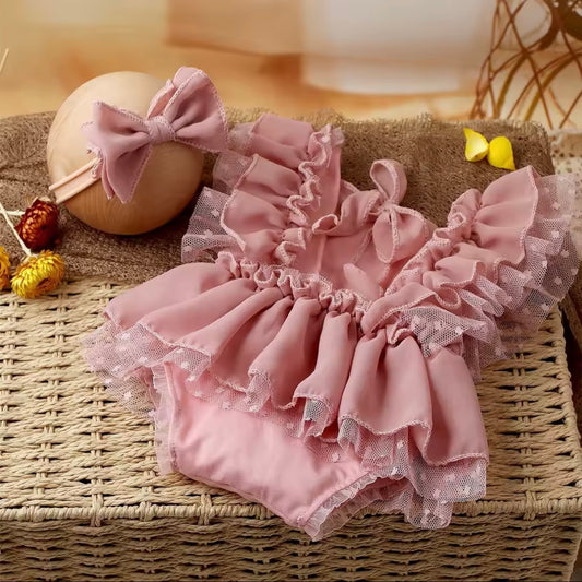 Blush Ruffle Tulle Baby Romper with Matching Headband – Size : Newborn | Pink Layered Chiffon Outfit