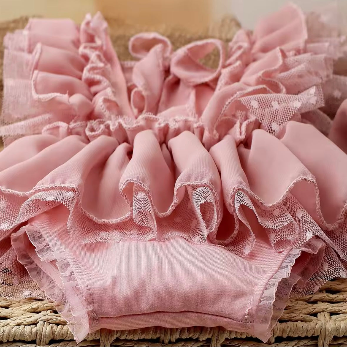 Blush Ruffle Tulle Baby Romper with Matching Headband – Size : Newborn | Pink Layered Chiffon Outfit