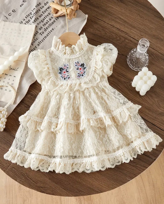 Ivory Vintage Lace Baby Dress – Sizes 9-12 months  & 12–18 Months | Floral Embroidered Ruffle Dress for Girls