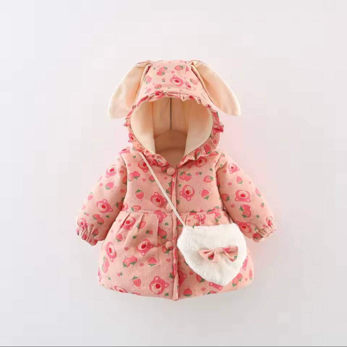 Pink Bunny Hooded Winter Coat with Heart Bag – Size 2-3Y | Warm Padded Toddler Jacket | Adorable Baby Girl Outfit