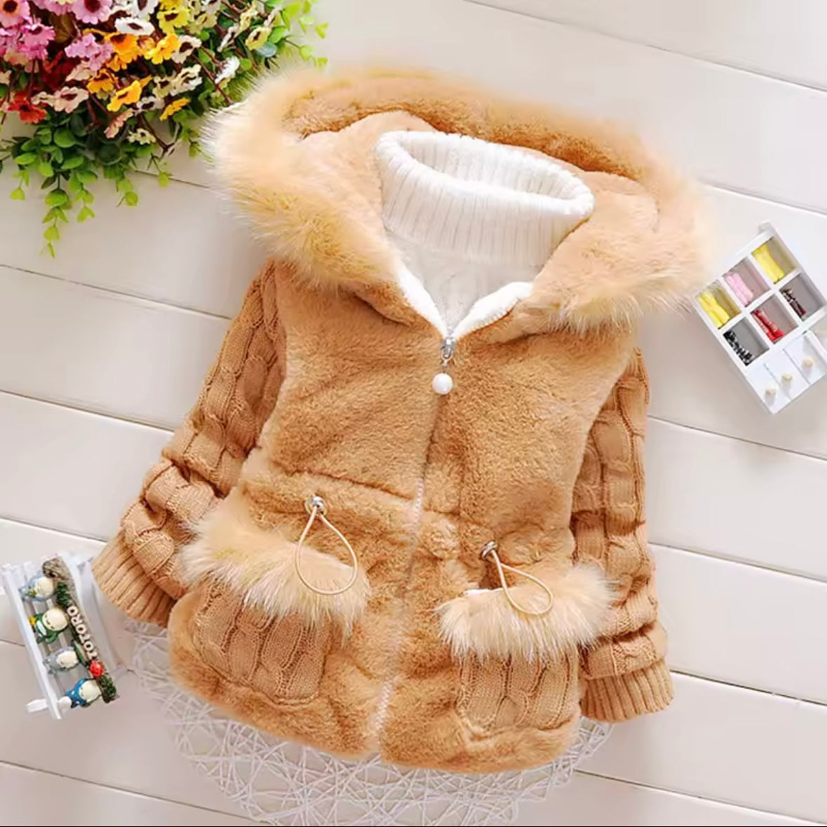Caramel Faux Fur Hooded Coat | Knit Sleeve Toddler Jacket | Soft Warm Winter Outfit | Elegant Baby Girl Coat | Ella🫶’s World