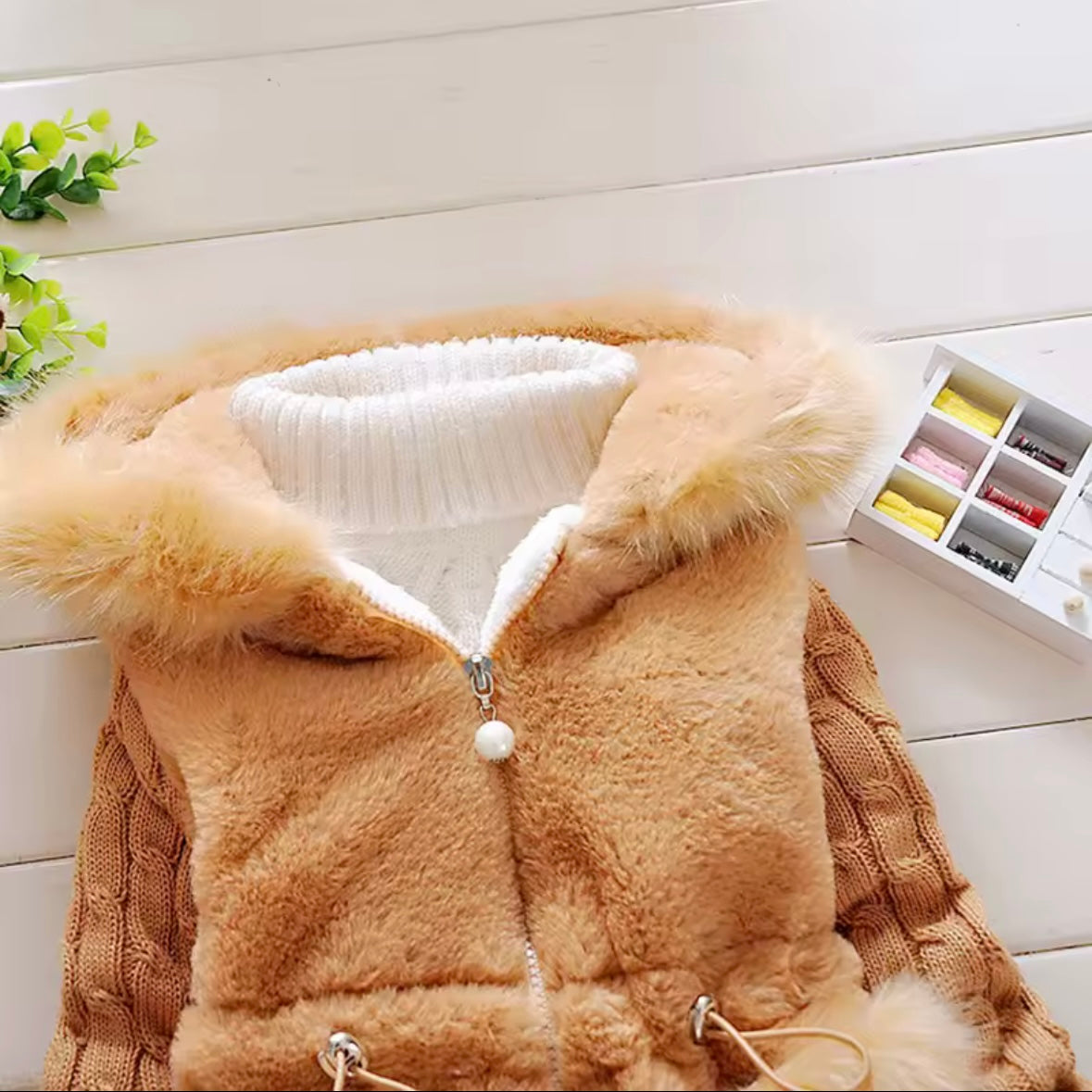 Caramel Faux Fur Hooded Coat | Knit Sleeve Toddler Jacket | Soft Warm Winter Outfit | Elegant Baby Girl Coat | Ella🫶’s World
