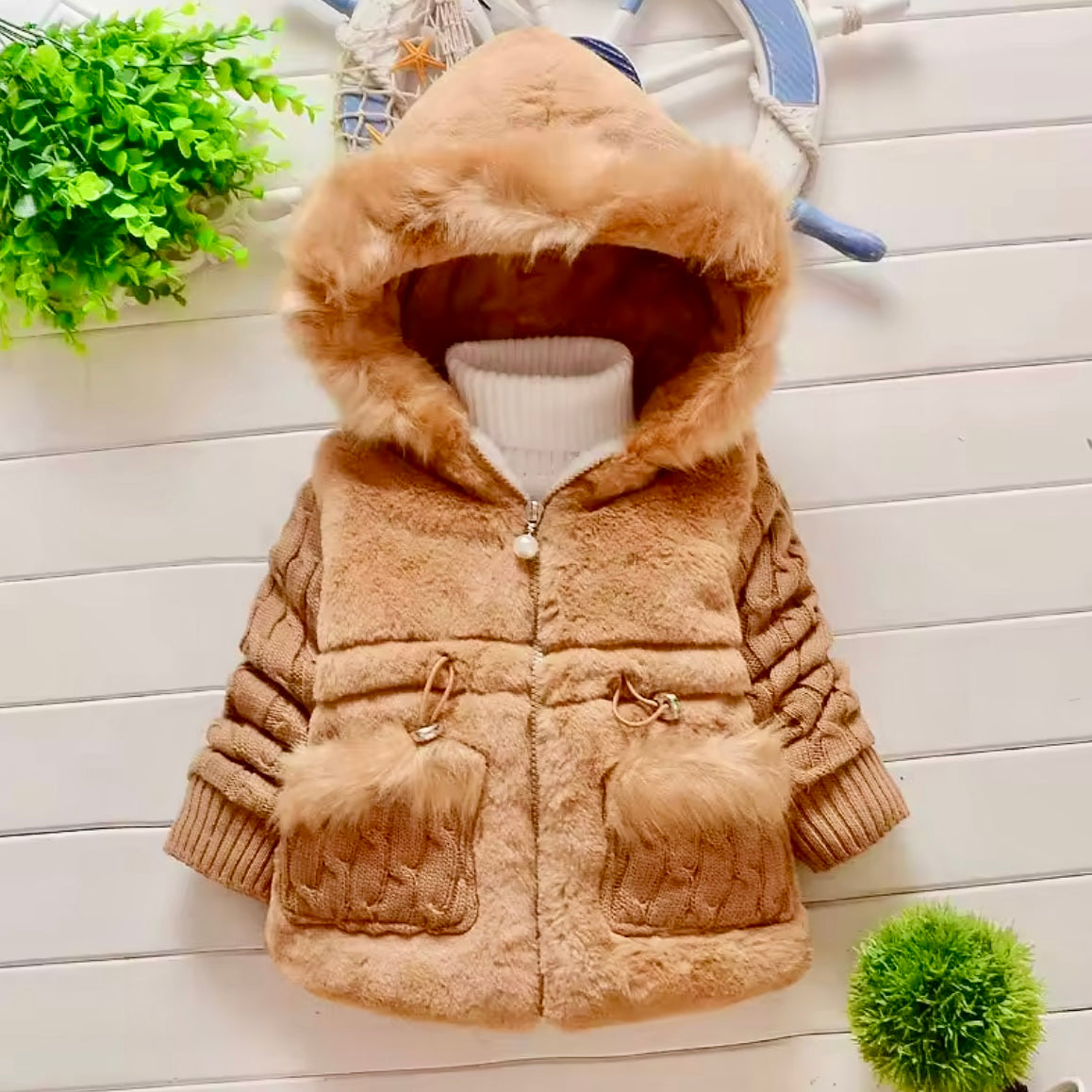 Caramel Faux Fur Hooded Coat | Knit Sleeve Toddler Jacket | Soft Warm Winter Outfit | Elegant Baby Girl Coat | Ella🫶’s World