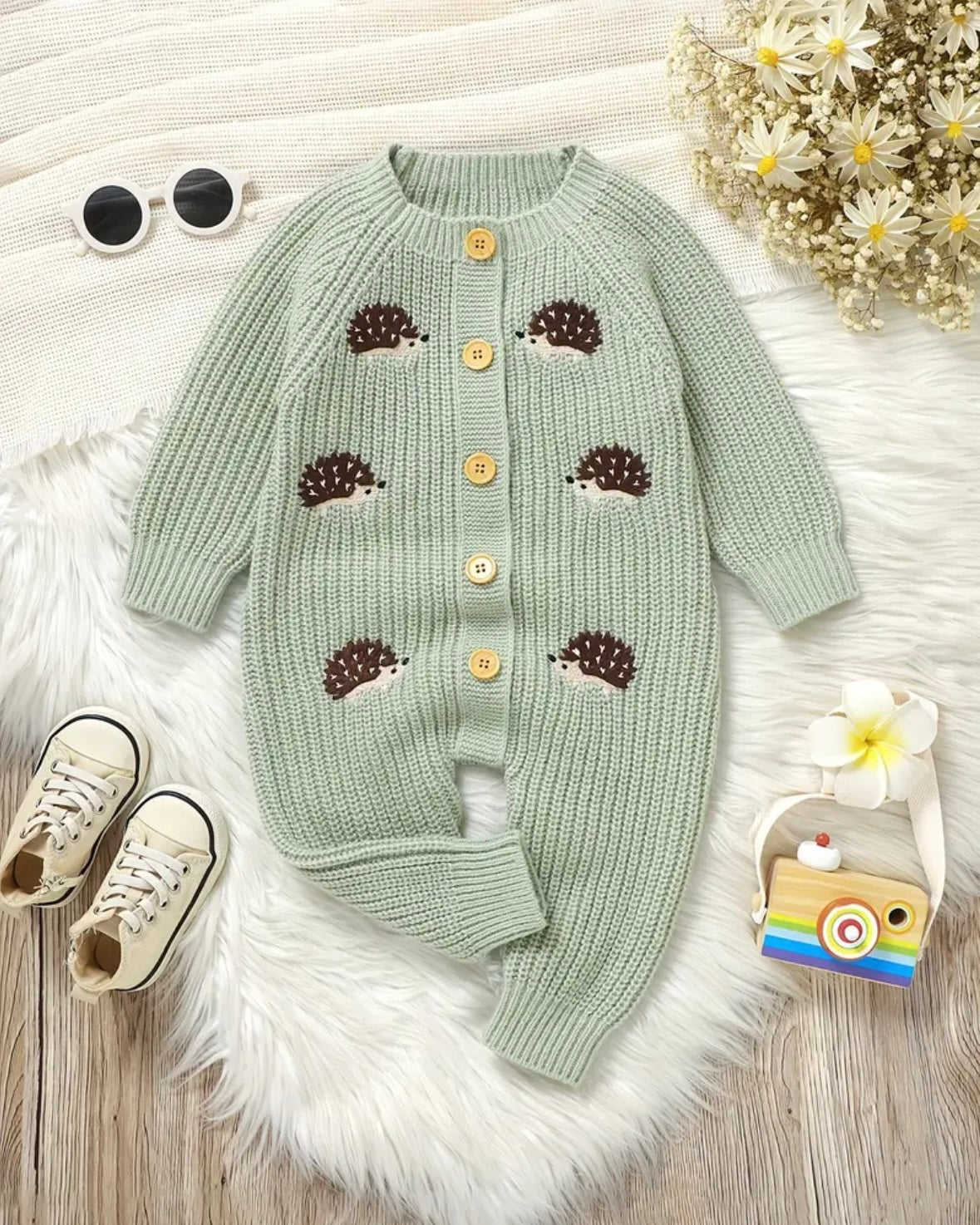 Baby Hedgehog Knit Romper • 0-3 Months • Soft Warm Winter Outfit • Neutral Baby Shower Gift • Newborn Photo Outfit • Baby Knitted Jumpsuit