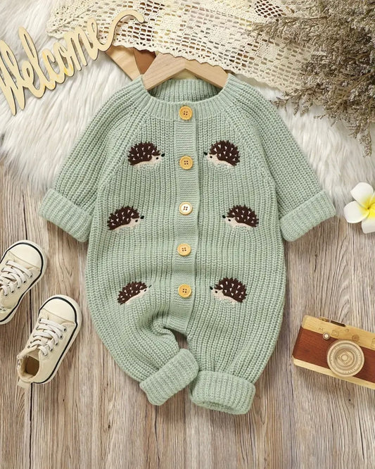 Baby Hedgehog Knit Romper • 0-3 Months • Soft Warm Winter Outfit • Neutral Baby Shower Gift • Newborn Photo Outfit • Baby Knitted Jumpsuit