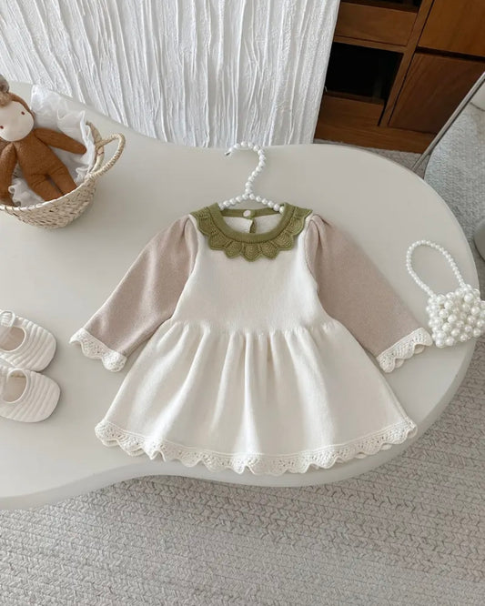 Knitted Baby Dress with Lace Trim • Soft Cream Sweater Dress • Long Sleeve Fall/Winter Outfit • Adorable Photo Outfit • Perfect Gift • 1–2Y