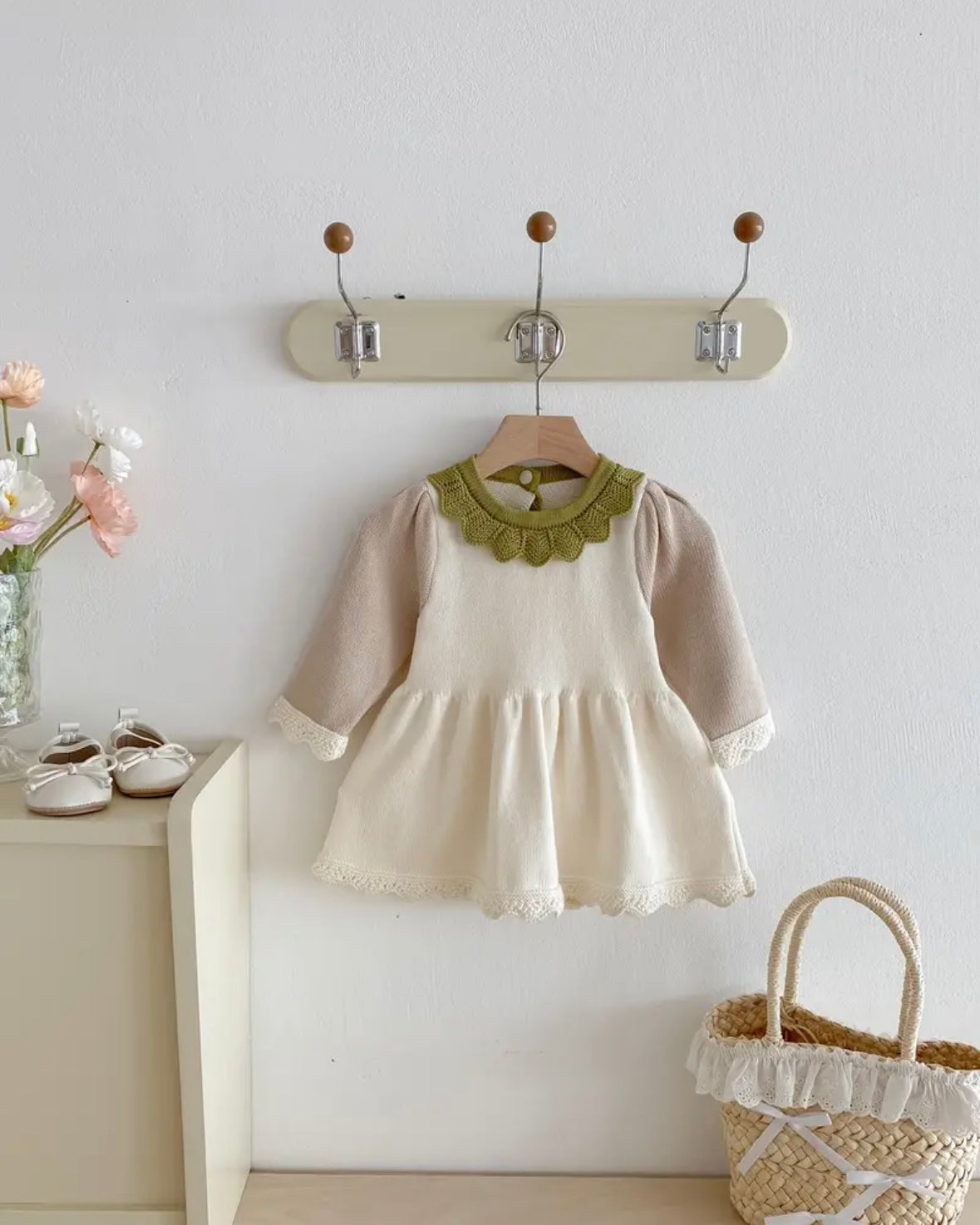 Knitted Baby Dress with Lace Trim • Soft Cream Sweater Dress • Long Sleeve Fall/Winter Outfit • Adorable Photo Outfit • Perfect Gift • 1–2Y