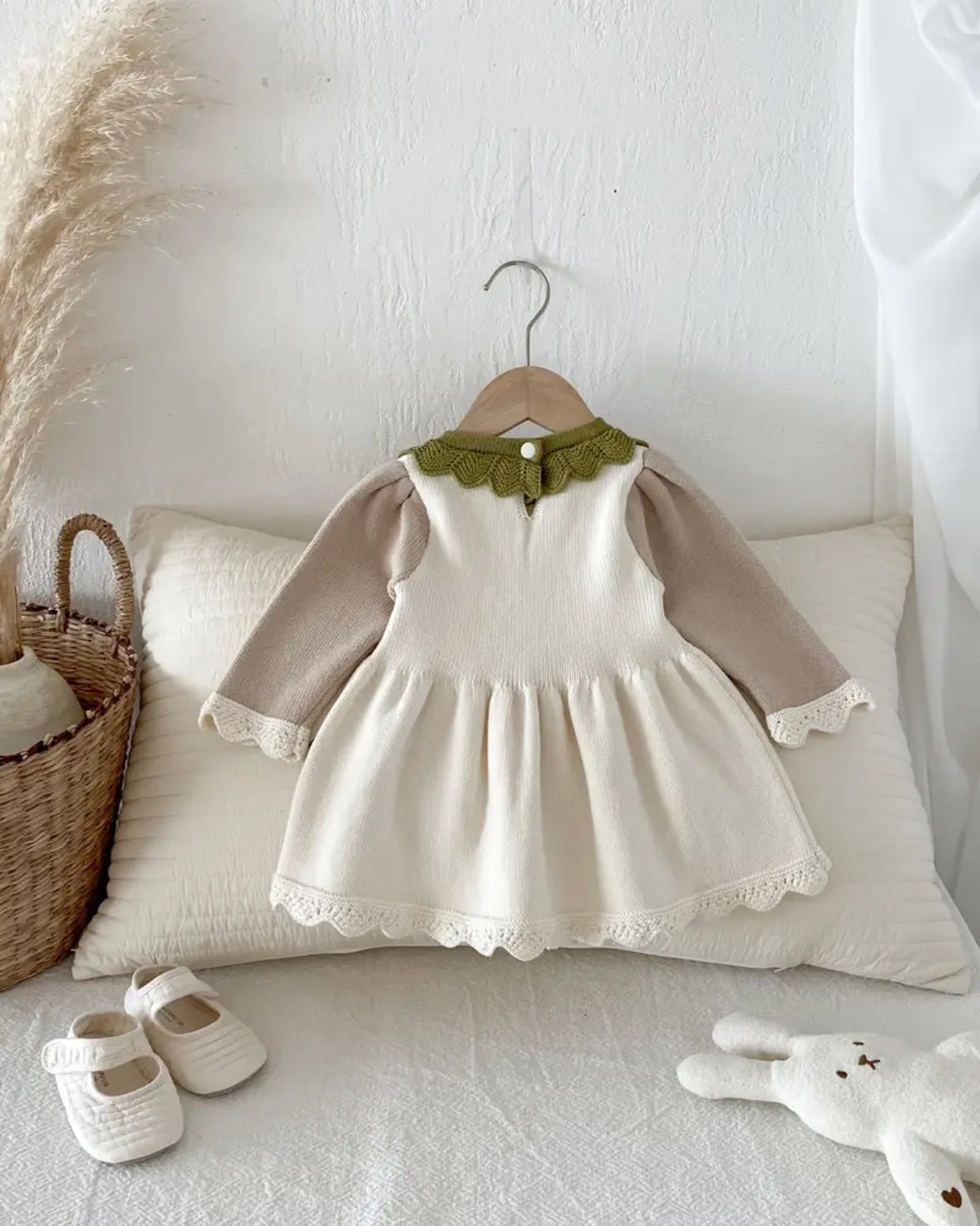 Knitted Baby Dress with Lace Trim • Soft Cream Sweater Dress • Long Sleeve Fall/Winter Outfit • Adorable Photo Outfit • Perfect Gift • 1–2Y