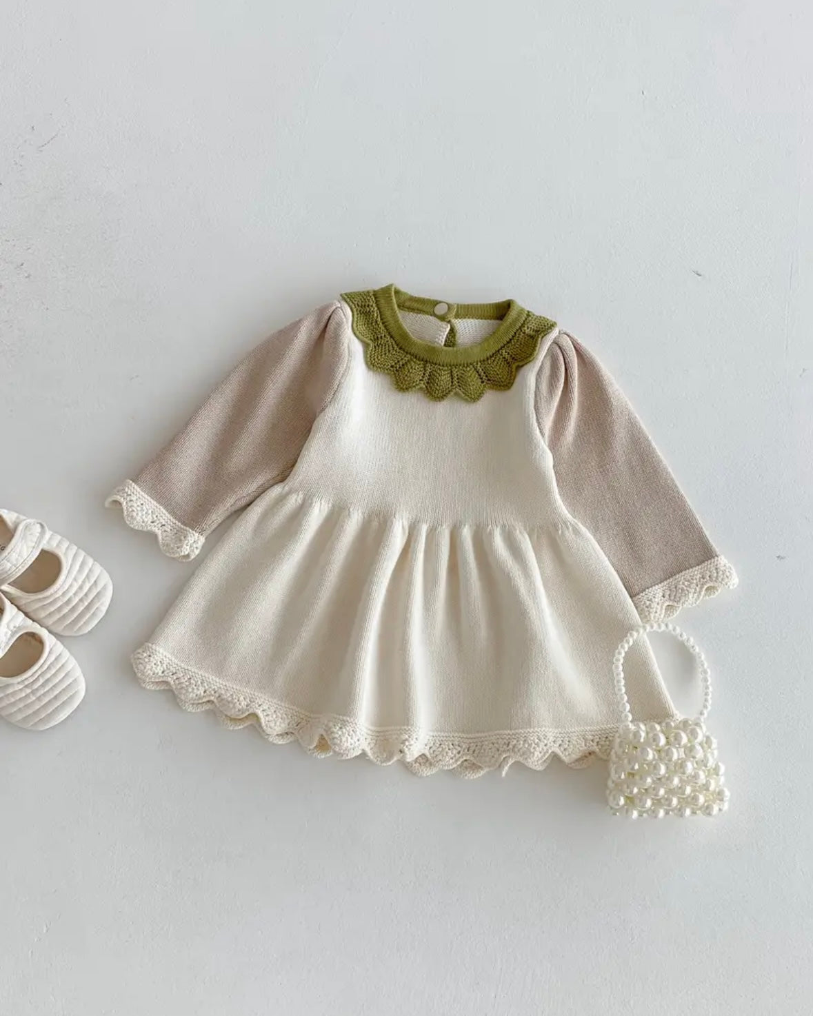 Knitted Baby Dress with Lace Trim • Soft Cream Sweater Dress • Long Sleeve Fall/Winter Outfit • Adorable Photo Outfit • Perfect Gift • 1–2Y