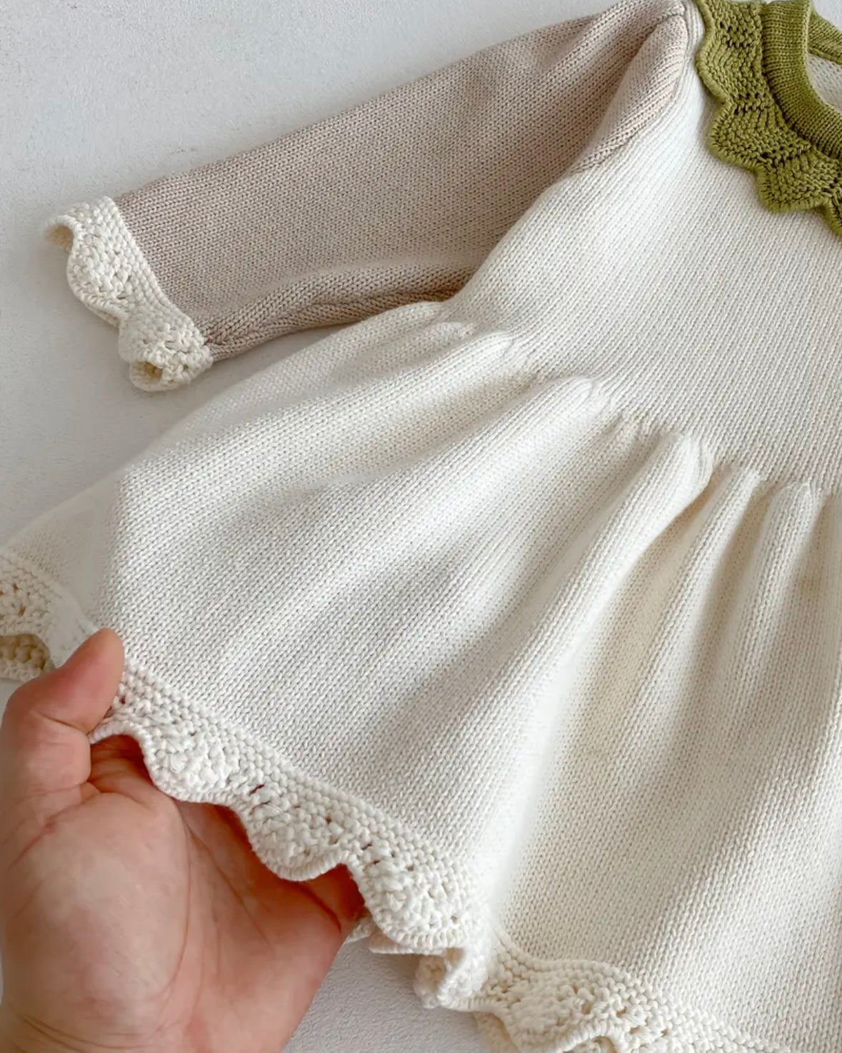 Knitted Baby Dress with Lace Trim • Soft Cream Sweater Dress • Long Sleeve Fall/Winter Outfit • Adorable Photo Outfit • Perfect Gift • 1–2Y