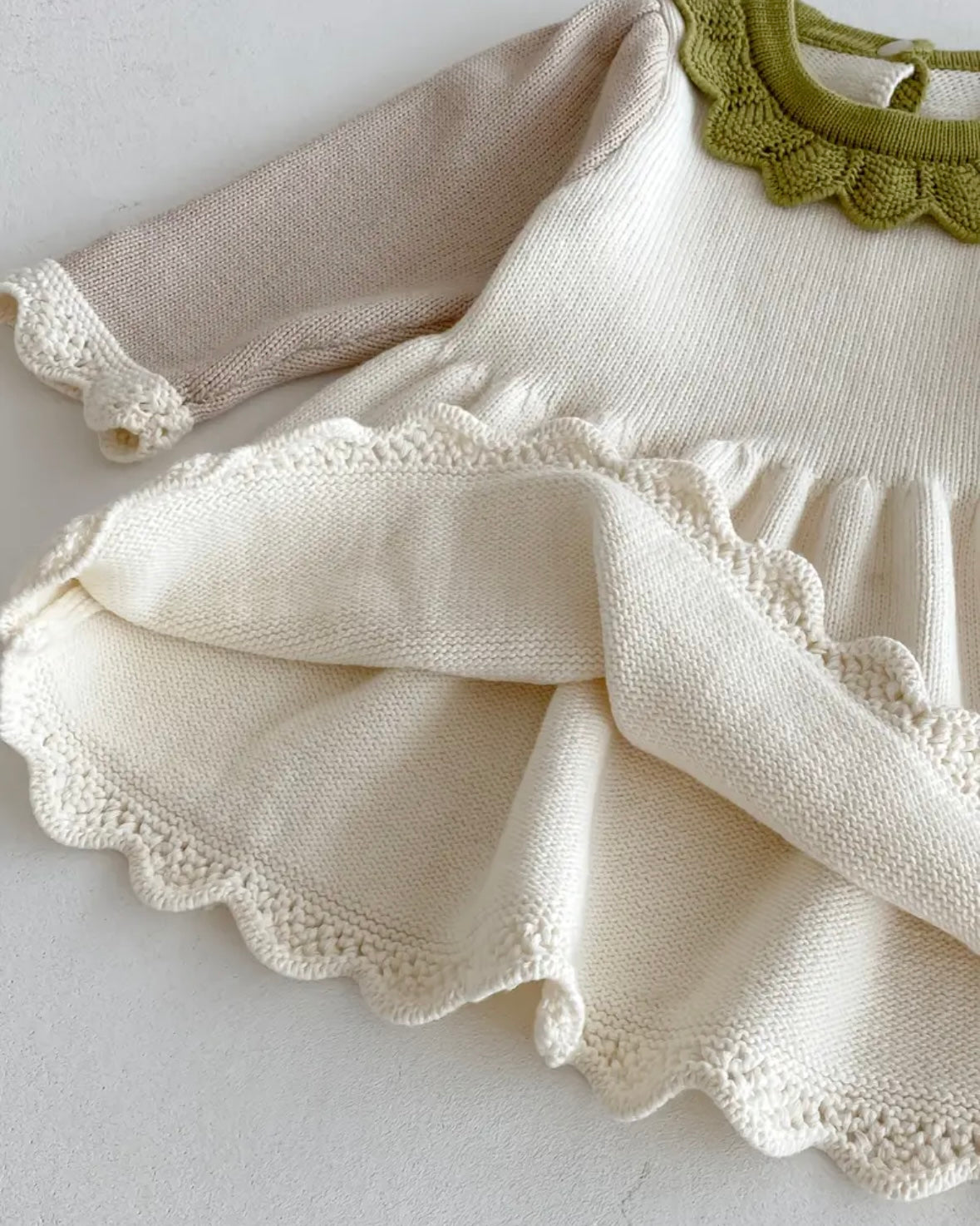 Knitted Baby Dress with Lace Trim • Soft Cream Sweater Dress • Long Sleeve Fall/Winter Outfit • Adorable Photo Outfit • Perfect Gift • 1–2Y