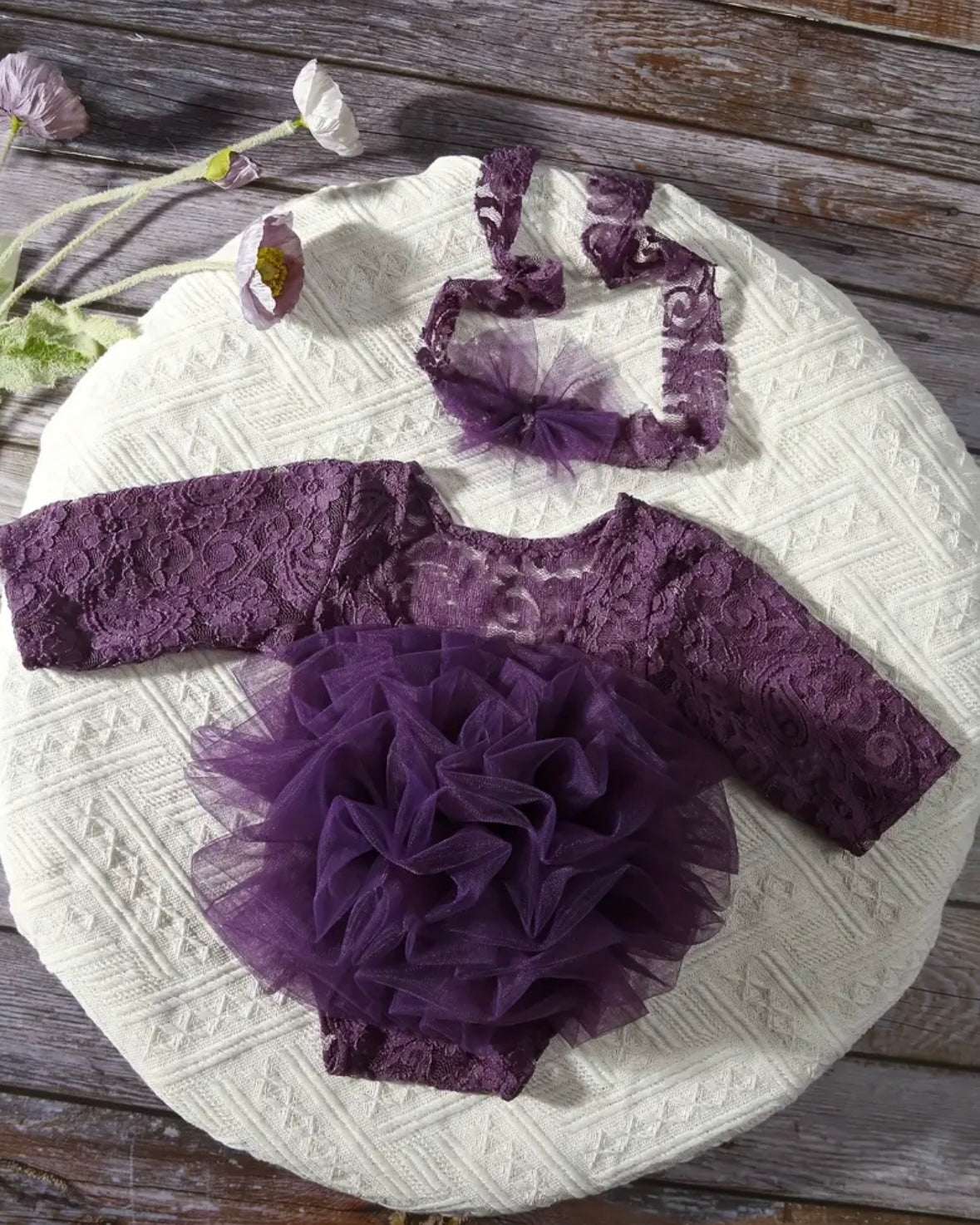 Newborn Purple Tutu Lace Romper Set • Photography Outfit • Violet Baby Photoshoot Set • Newborn Photo Prop • Newborn Lace Bodysuit + Headband