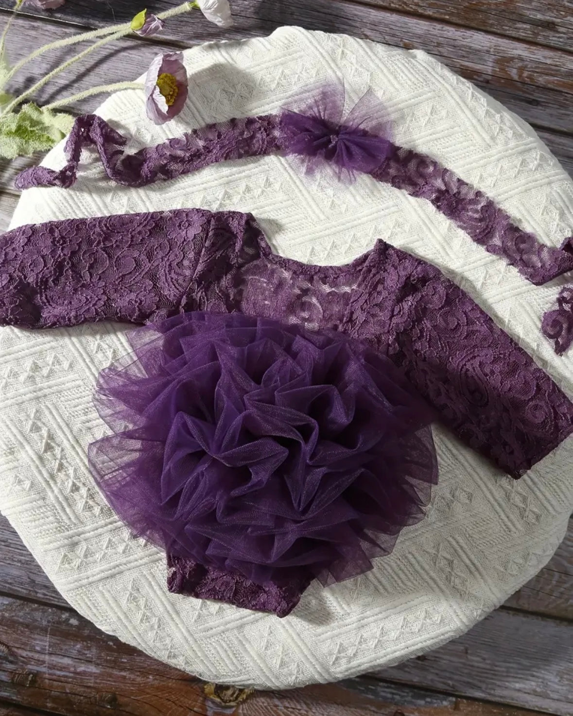 Newborn Purple Tutu Lace Romper Set • Photography Outfit • Violet Baby Photoshoot Set • Newborn Photo Prop • Newborn Lace Bodysuit + Headband