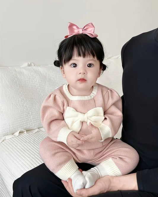 Pink Knit Bow Baby Outfit • 2-Piece Sweater + Pants Set • Soft Cozy Winter Baby Clothes • Photo Outfit • Baby Girl Knit Set 3–6m