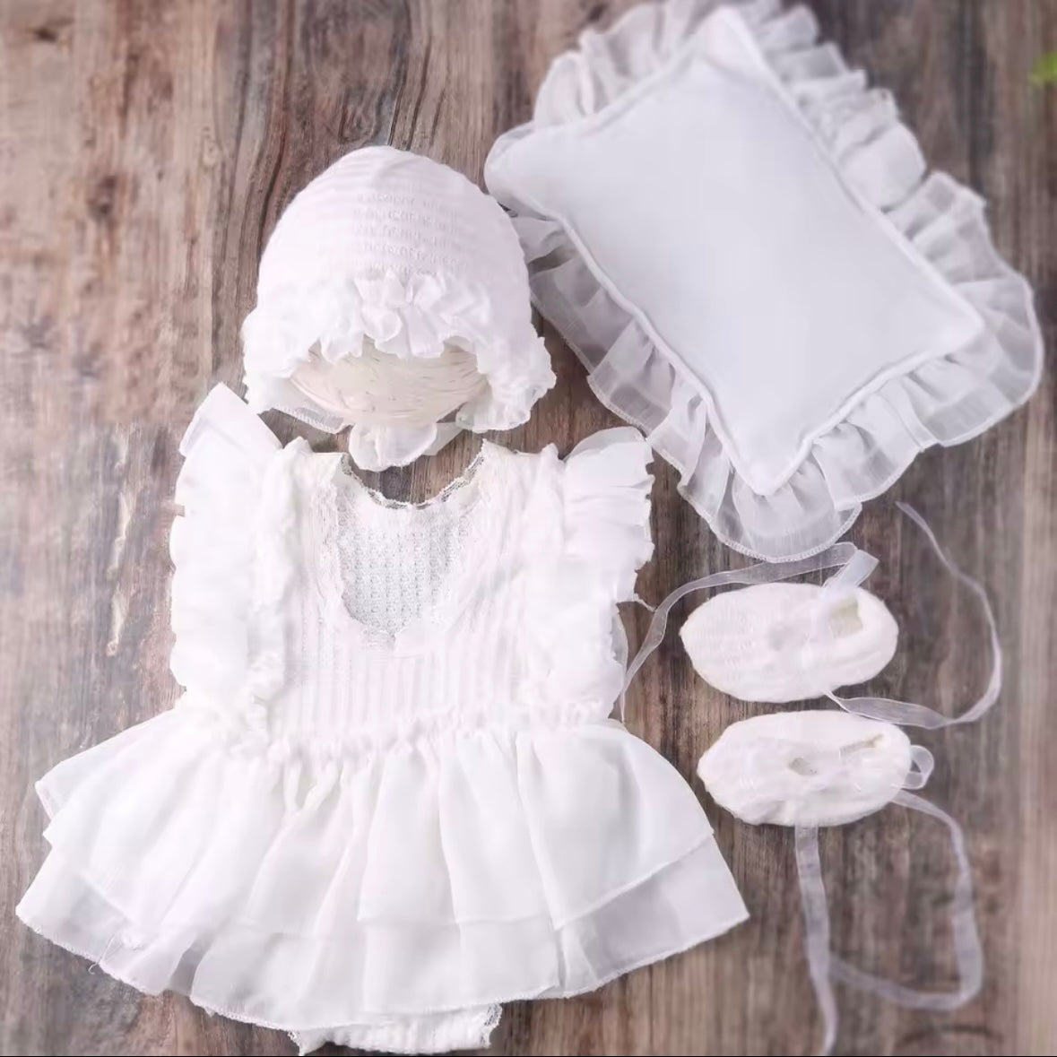 Newborn White Lace Outfit 4 Piece Set Romper Bonnet Booties Pillow Baby Girl Photo Prop Soft Beautiful High Quality Gift