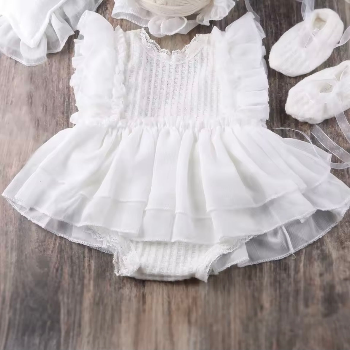 Newborn White Lace Outfit 4 Piece Set Romper Bonnet Booties Pillow Baby Girl Photo Prop Soft Beautiful High Quality Gift