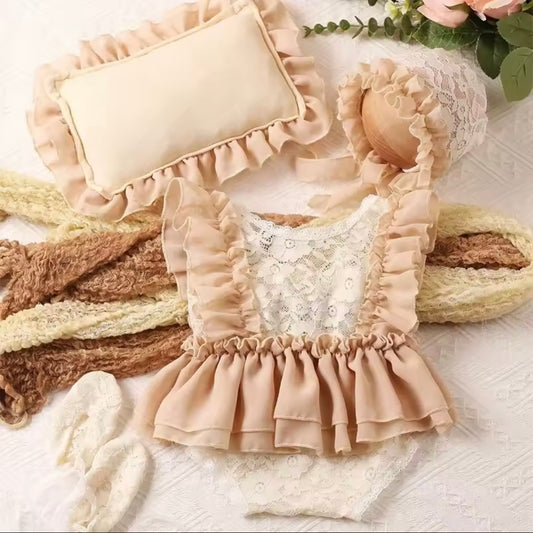 Newborn Beige Lace Outfit 4 Piece Set Romper Bonnet Booties Pillow Baby Girl Photo Prop Soft Beautiful High Quality