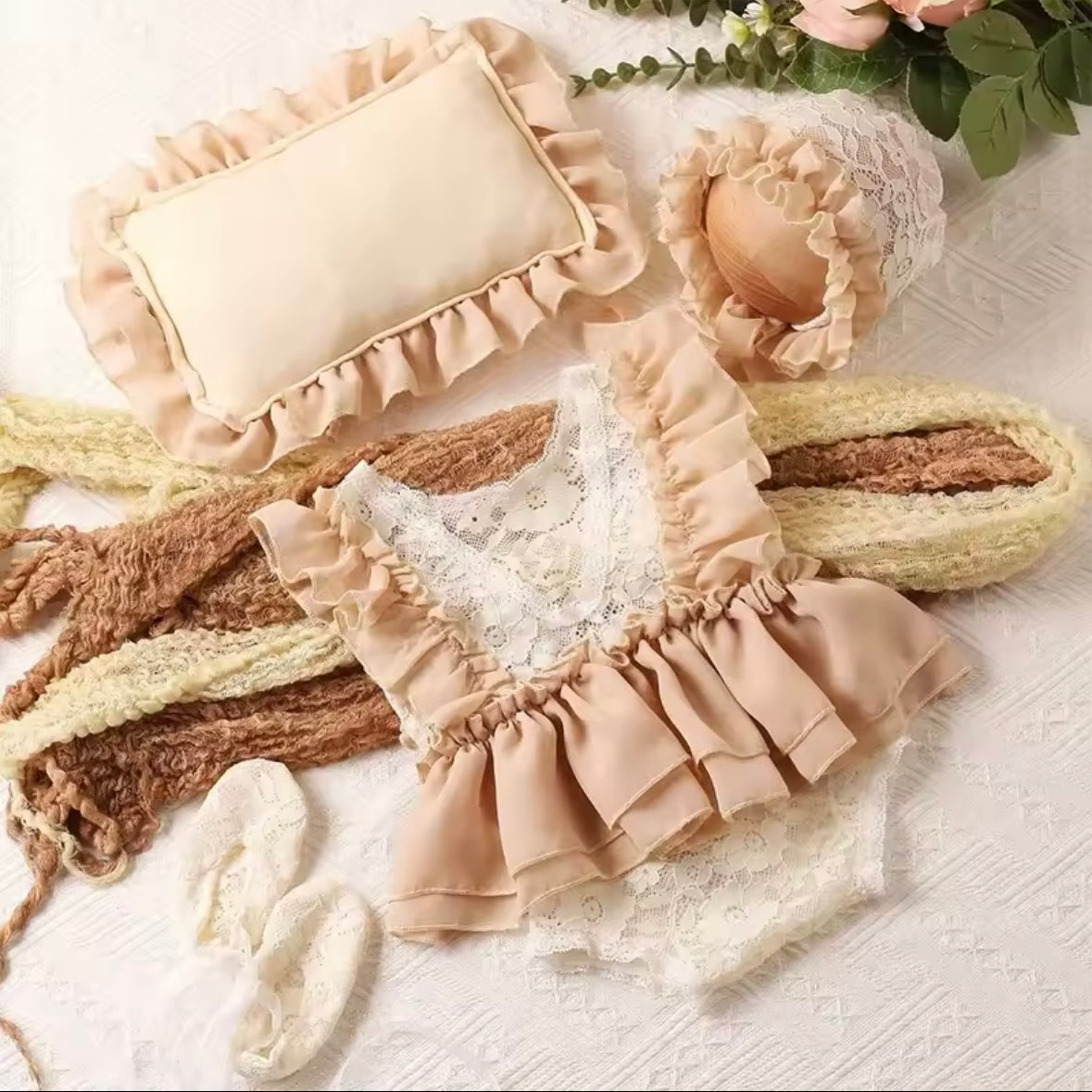 Newborn Beige Lace Outfit 4 Piece Set Romper Bonnet Booties Pillow Baby Girl Photo Prop Soft Beautiful High Quality