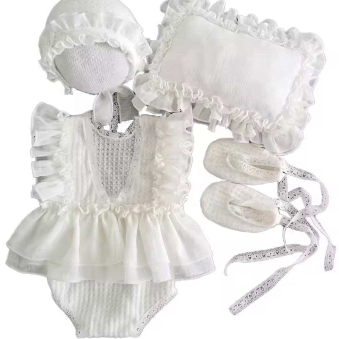 Newborn White Lace Outfit 4 Piece Set Romper Bonnet Booties Pillow Baby Girl Photo Prop Soft Beautiful High Quality Gift
