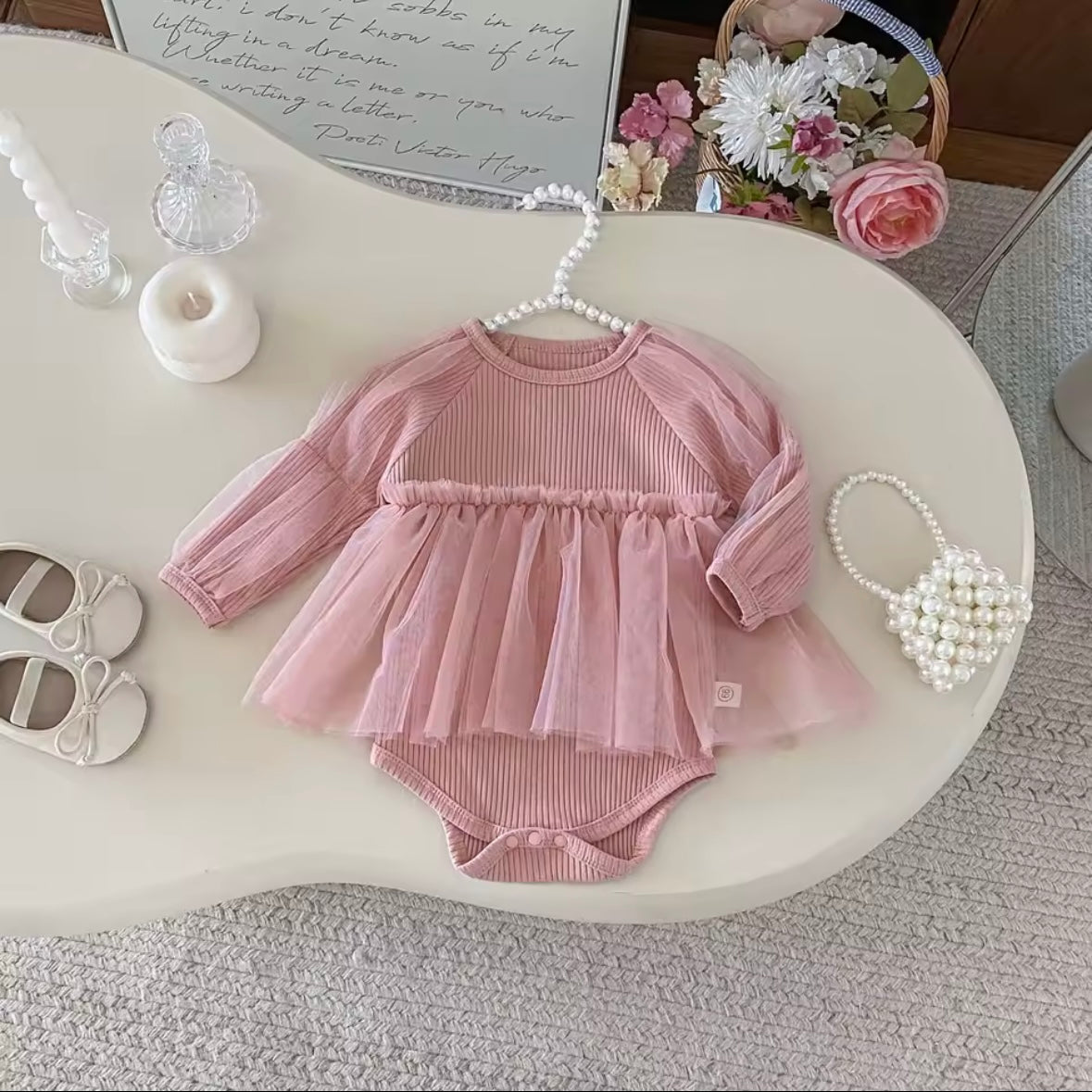 Pink Tutu Baby Romper 9 -12 Months Soft Ribbed Tulle Baby Girl Outfit Photo Shoot Dress Newborn Baby Clothes Cute Baby Girl Gift High Quality