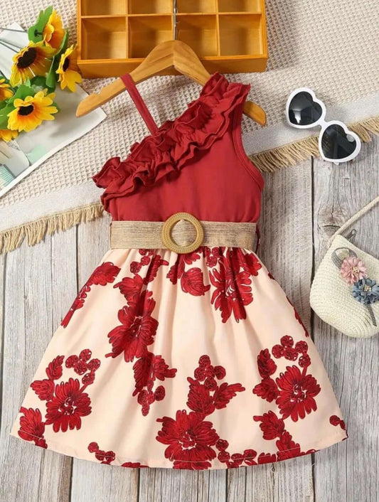 Crimson Bloom One-Shoulder Baby Girl Dress