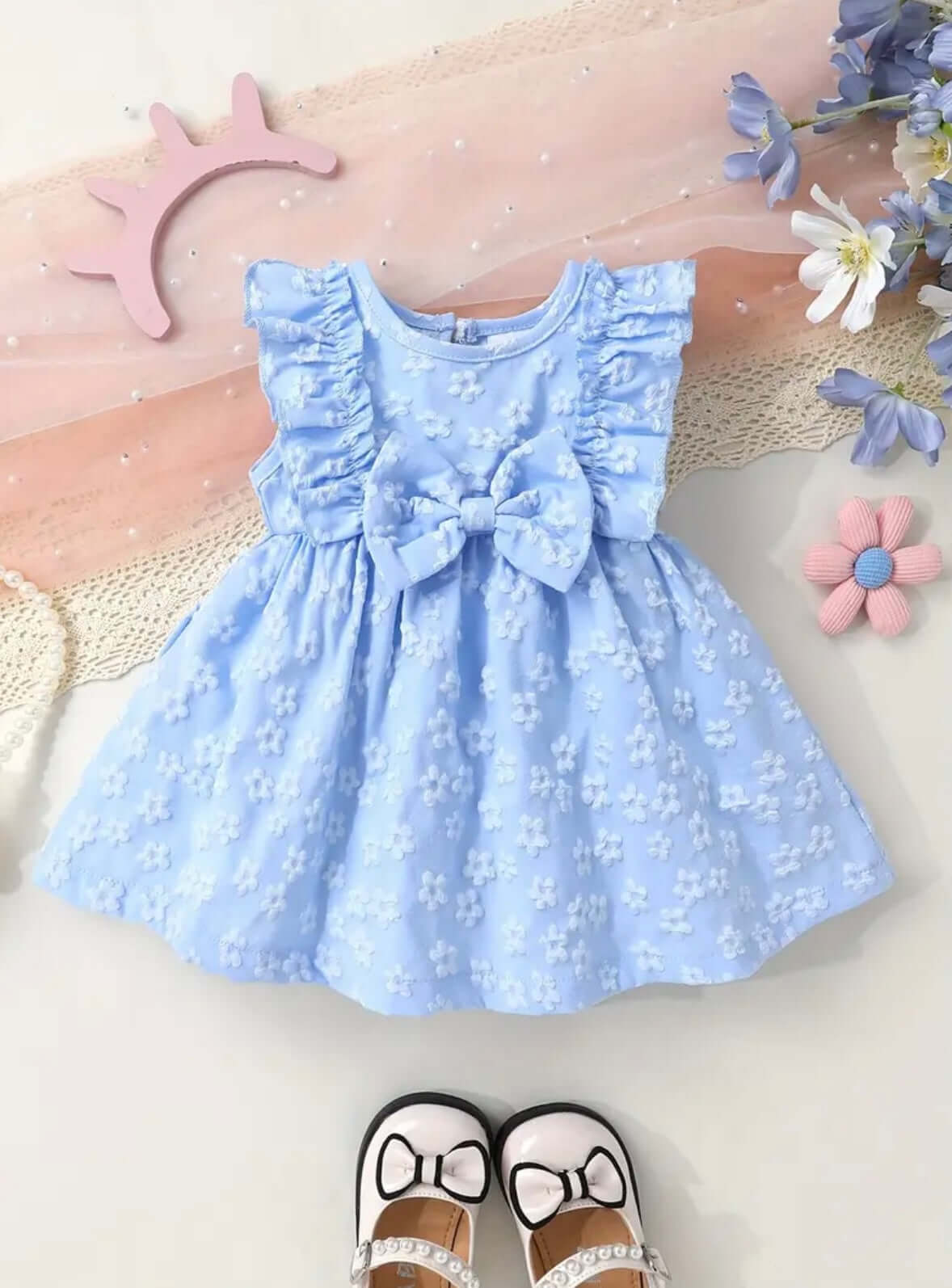 Baby Blue Ruffle Bow Dress – 3D Floral Embroidery | Infant & Toddler Special Occasion Outfit