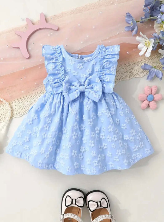 Baby Blue Ruffle Bow Dress – 3D Floral Embroidery | Infant & Toddler Special Occasion Outfit