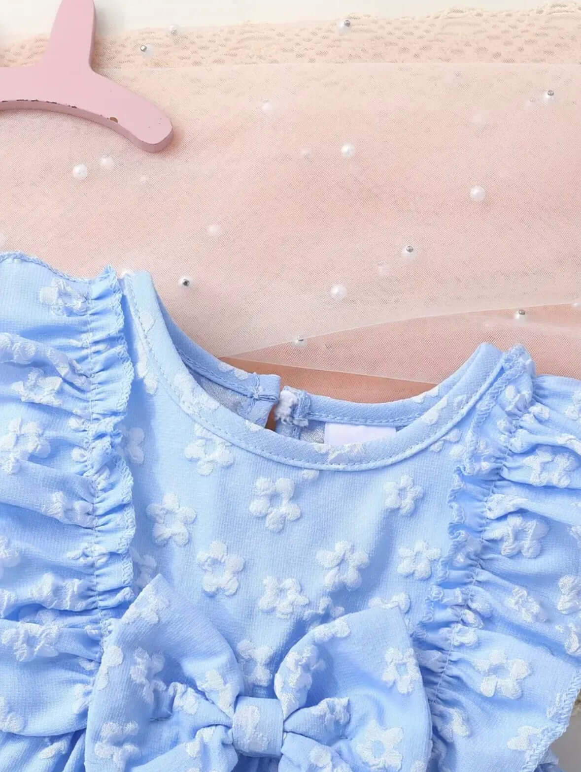 Baby Blue Ruffle Bow Dress – 3D Floral Embroidery | Infant & Toddler Special Occasion Outfit