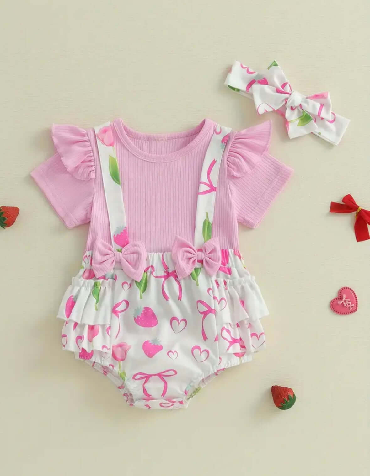 Cherry Pink Baby Girl Outfit – Ruffle Suspender Romper Set with Top & Headband