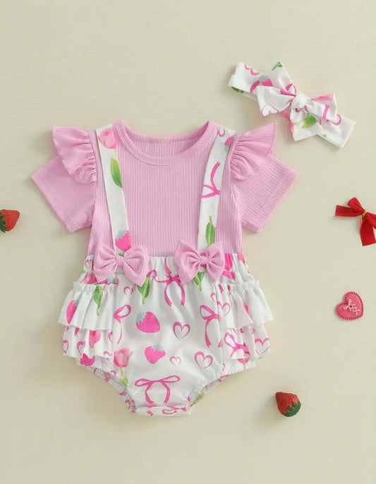 Cherry Pink Baby Girl Outfit – Ruffle Suspender Romper Set with Top & Headband