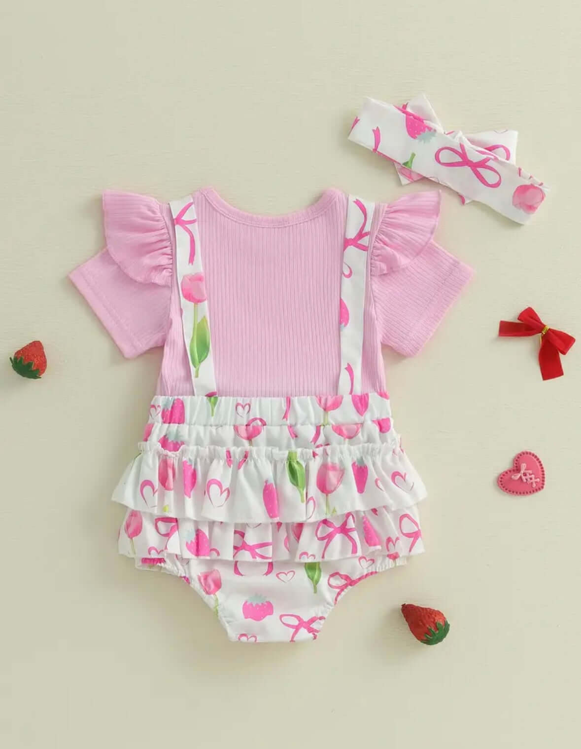 Cherry Pink Baby Girl Outfit – Ruffle Suspender Romper Set with Top & Headband