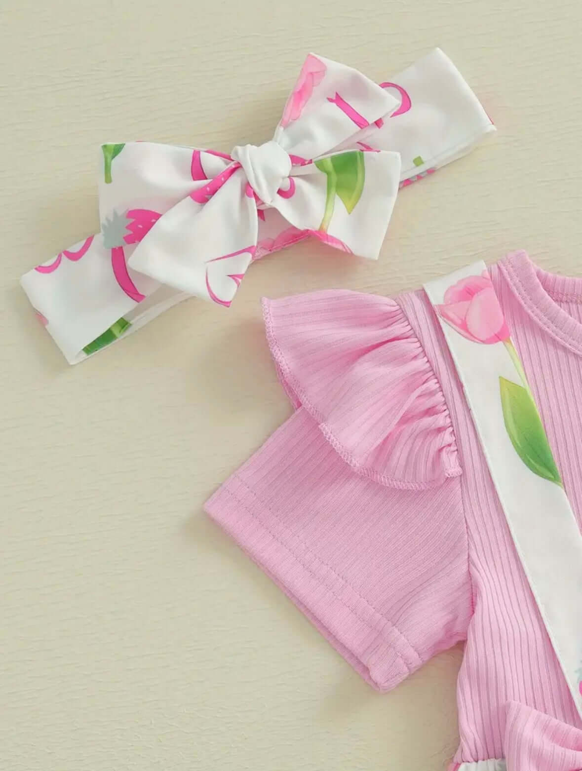 Cherry Pink Baby Girl Outfit – Ruffle Suspender Romper Set with Top & Headband