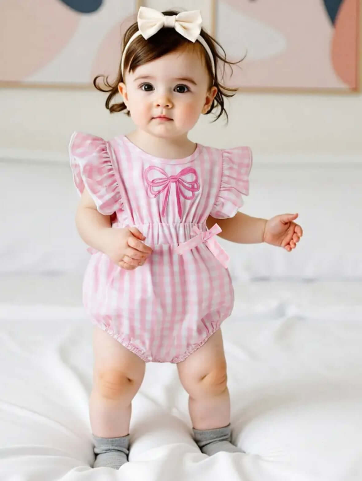 Pink Gingham Baby Girl Romper with Ruffle Sleeves & Bow
