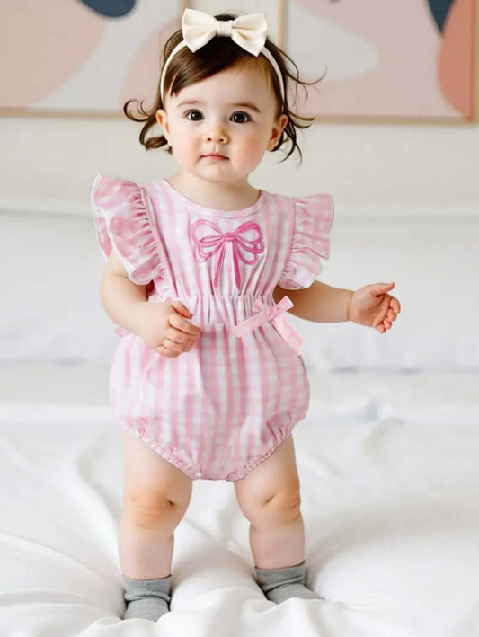 Pink Gingham Baby Girl Romper with Ruffle Sleeves & Bow