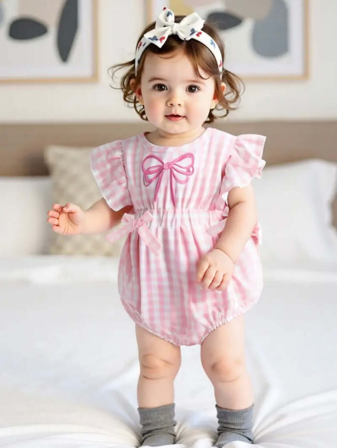 Pink Gingham Baby Girl Romper with Ruffle Sleeves & Bow