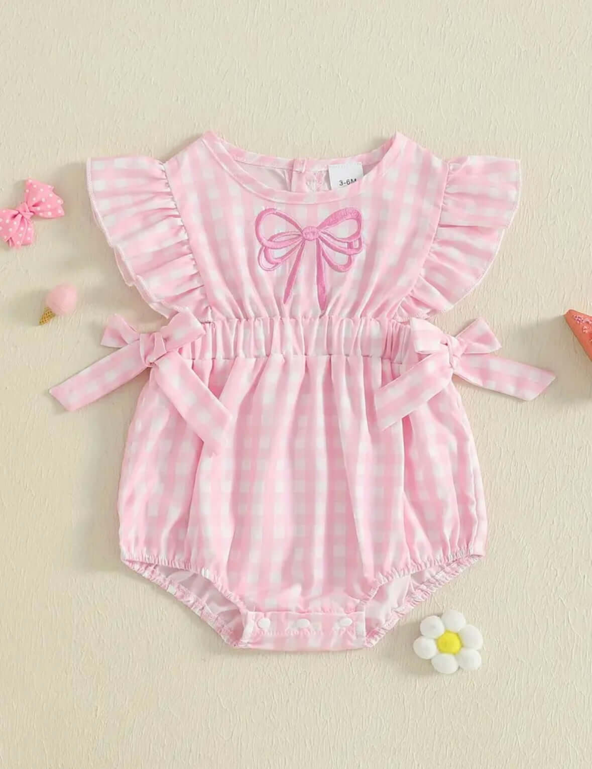 Pink Gingham Baby Girl Romper with Ruffle Sleeves & Bow