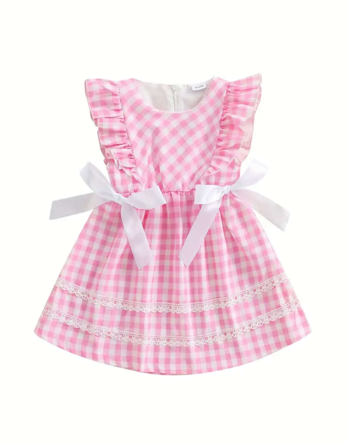 Pink Gingham Ruffle Dress with White Bows – Toddler Girl