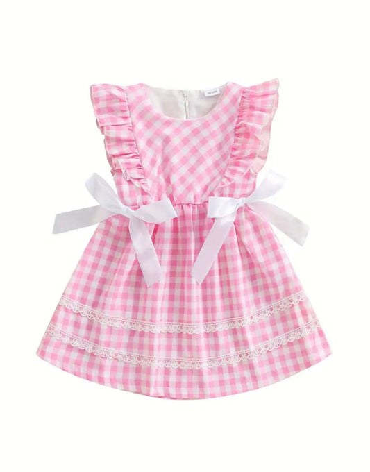 Pink Gingham Ruffle Dress with White Bows – Toddler Girl