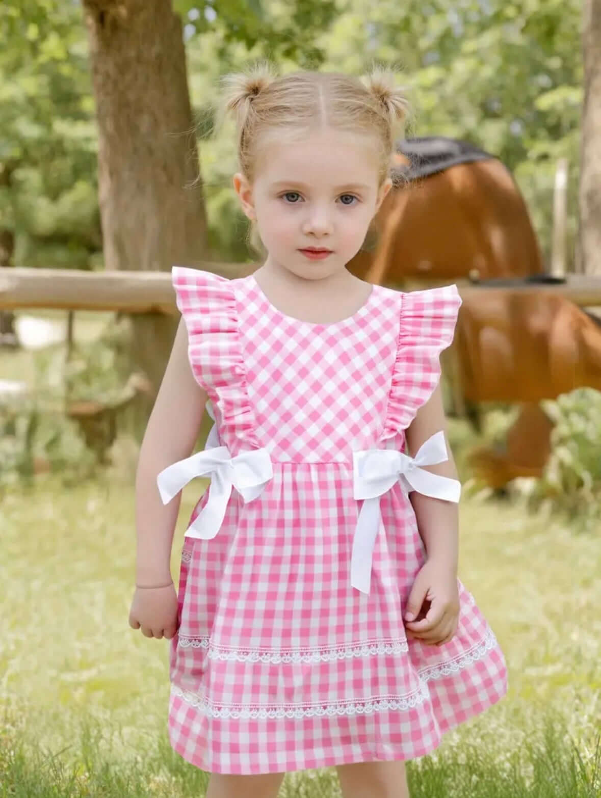 Pink Gingham Ruffle Dress with White Bows – Toddler Girl