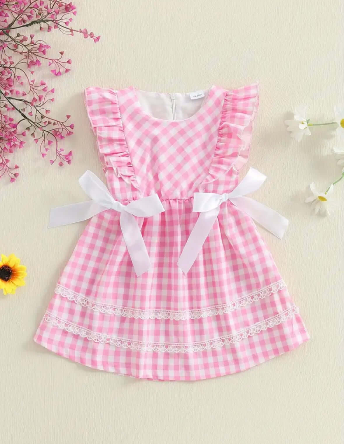 Pink Gingham Ruffle Dress with White Bows – Toddler Girl